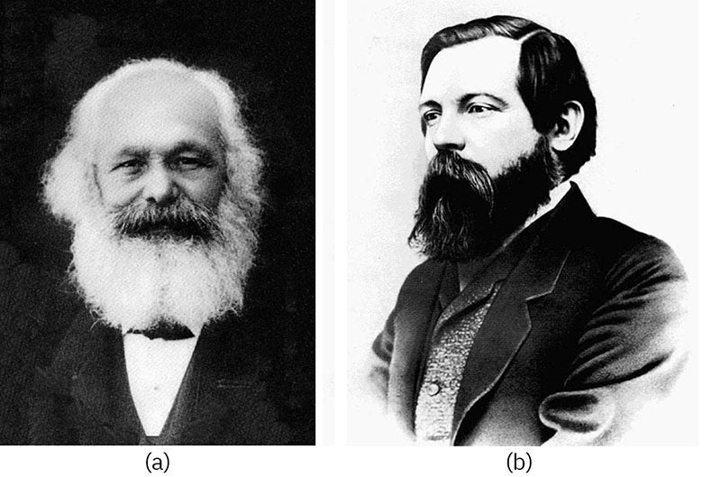 Figure 4.7 Karl Marx (left) and Friedrich Engels (right) analyzed differences in social power between “have” and “have-not” groups. (Credit: (a) Wikimedia Commons; Photo (b) George Lester/Wikimedia Commons)